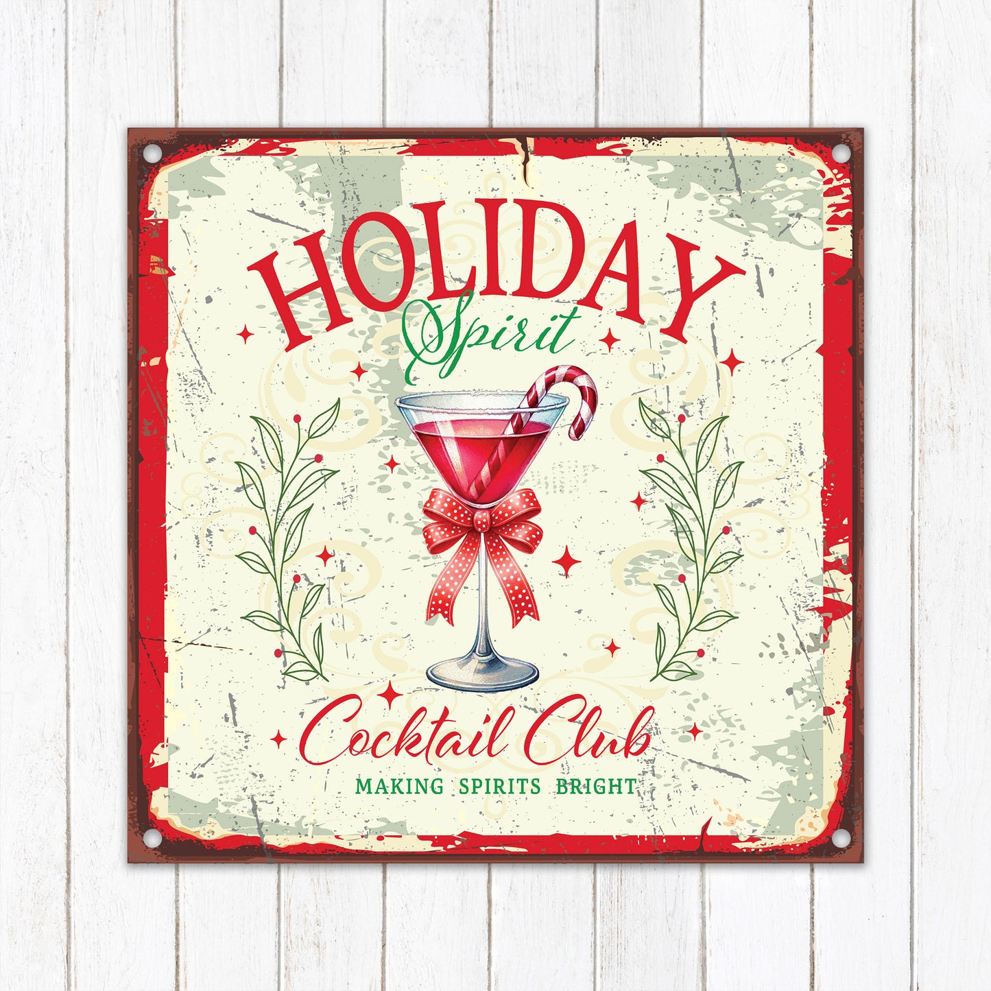 Holiday Spirit Cocktail Club, Christmas Sign,Metal Sign Antique,Farmhouse Decor,Christmas Wall Decor, Mantle Artwork,Vintage Christmas Decor