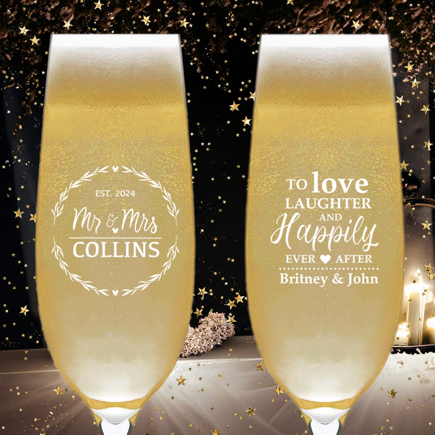 Customized Wedding Champagne Glasses, Set of 6, Customized Wedding Glassware Mementos, Custom Couple's Names Wedding Party Gifts, To Love Laughter and Happily Ever After