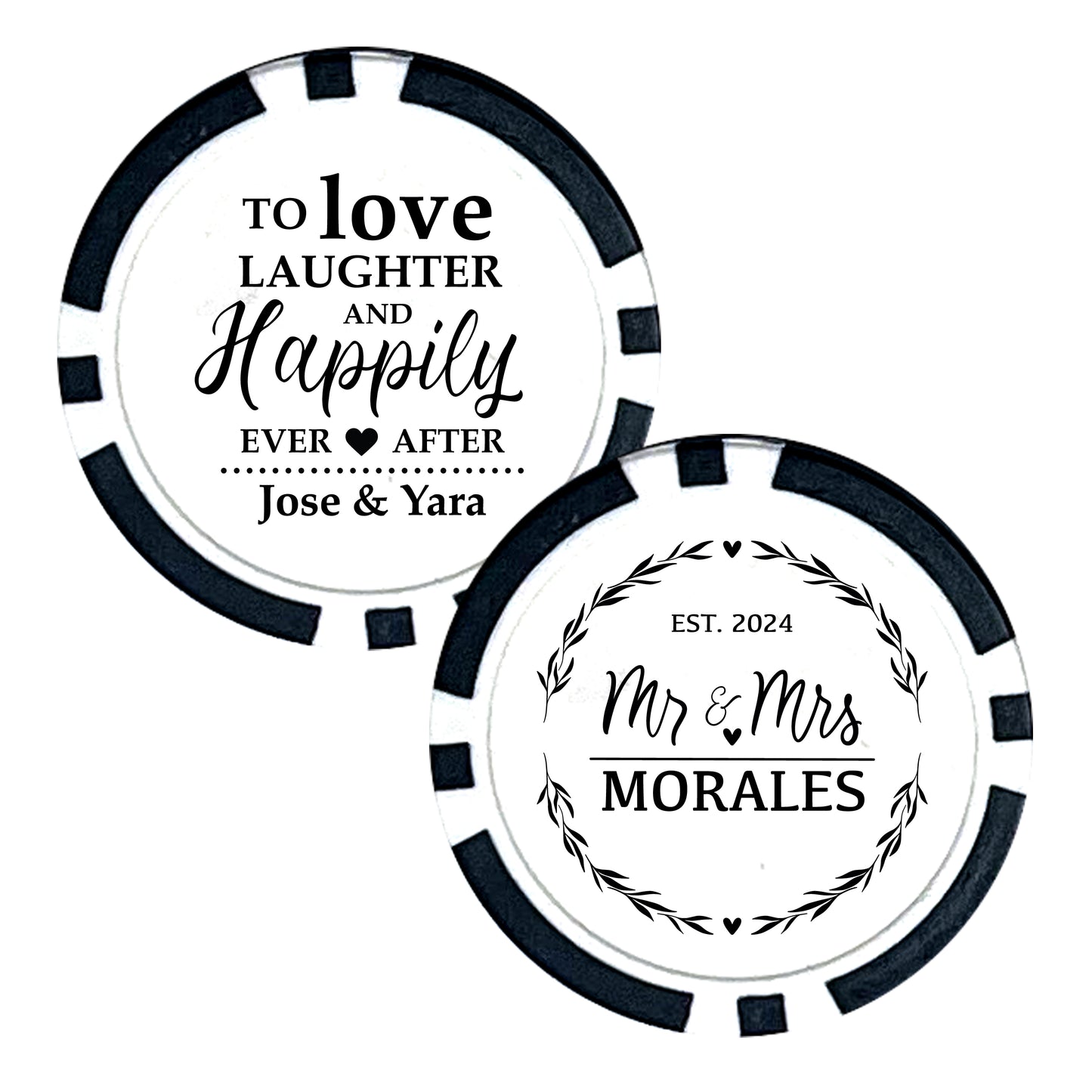 Personalized Wedding Poker Chips, 25 pcs, Custom Couple's Last Names Wedding Keepsakes, Creative Wedding Gifts, To Love Laughter and Happily Ever After