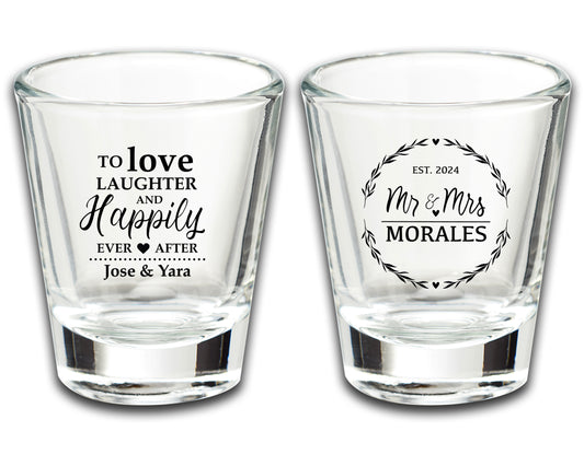 Wedding party Favor Shot Glasses, To Love Laughter and Happily Ever After, Last Name Wedding Souvenirs, Personalized Wedding Glassware With Date