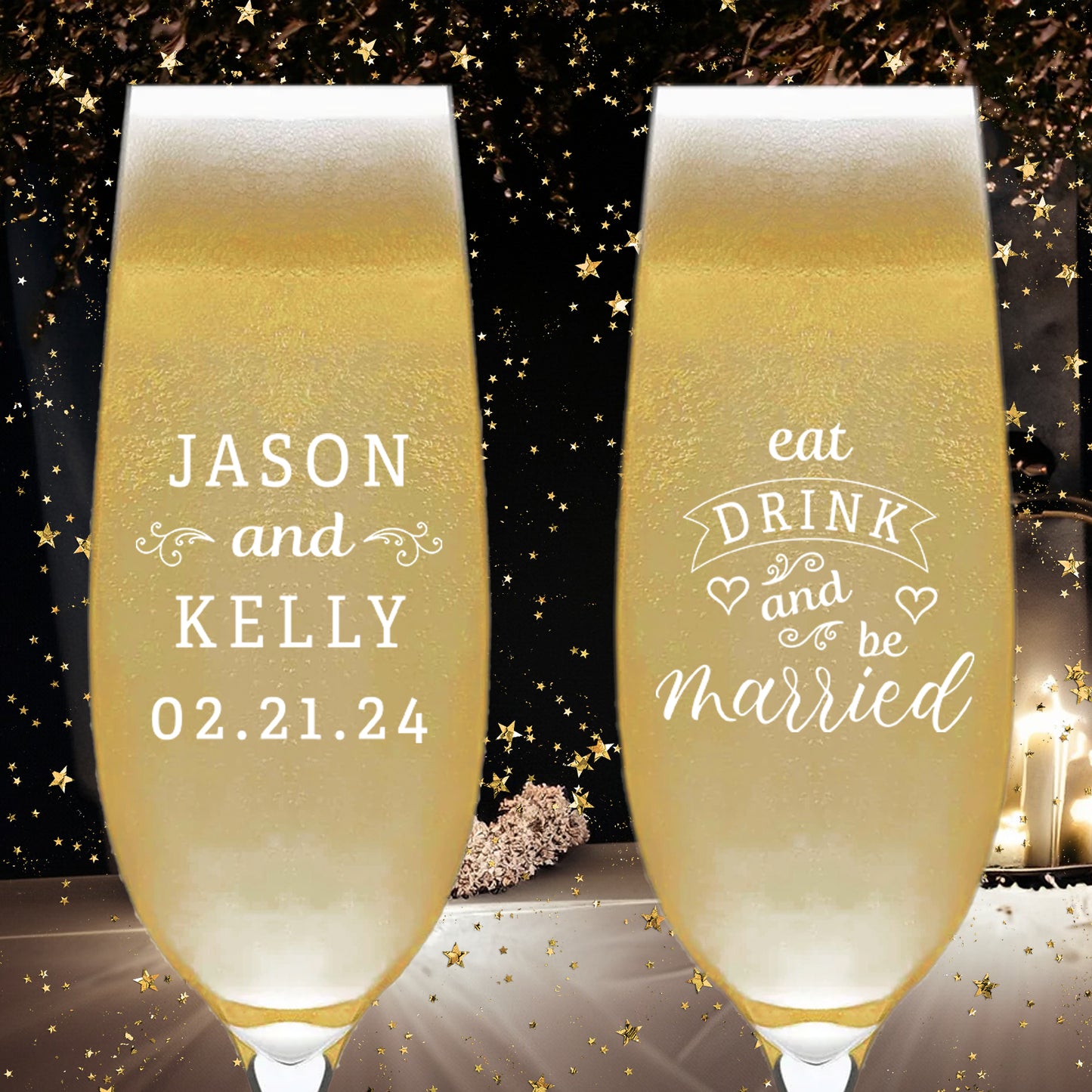 Customized Wedding Champagne Glasses, Set of 6, Customized Wedding Glassware Mementos, Custom Couple's Names Wedding Party Gifts, Eat Drink And Be Married