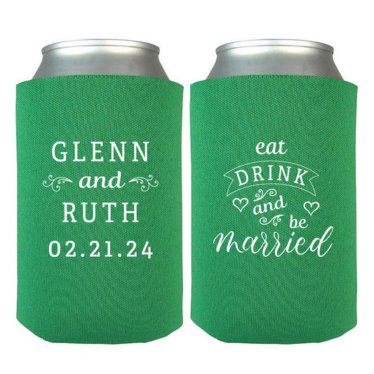 Custom Beer Koozies, Personalized Couple's Names Wedding Giveaways, Eat Drink and Be Married, Practical Wedding Favors