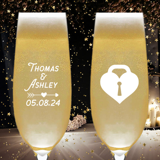 Customized Wedding Champagne Glasses, Set of 6, Customized Wedding Glassware Mementos, Custom Couple's Names Wedding Party Gifts