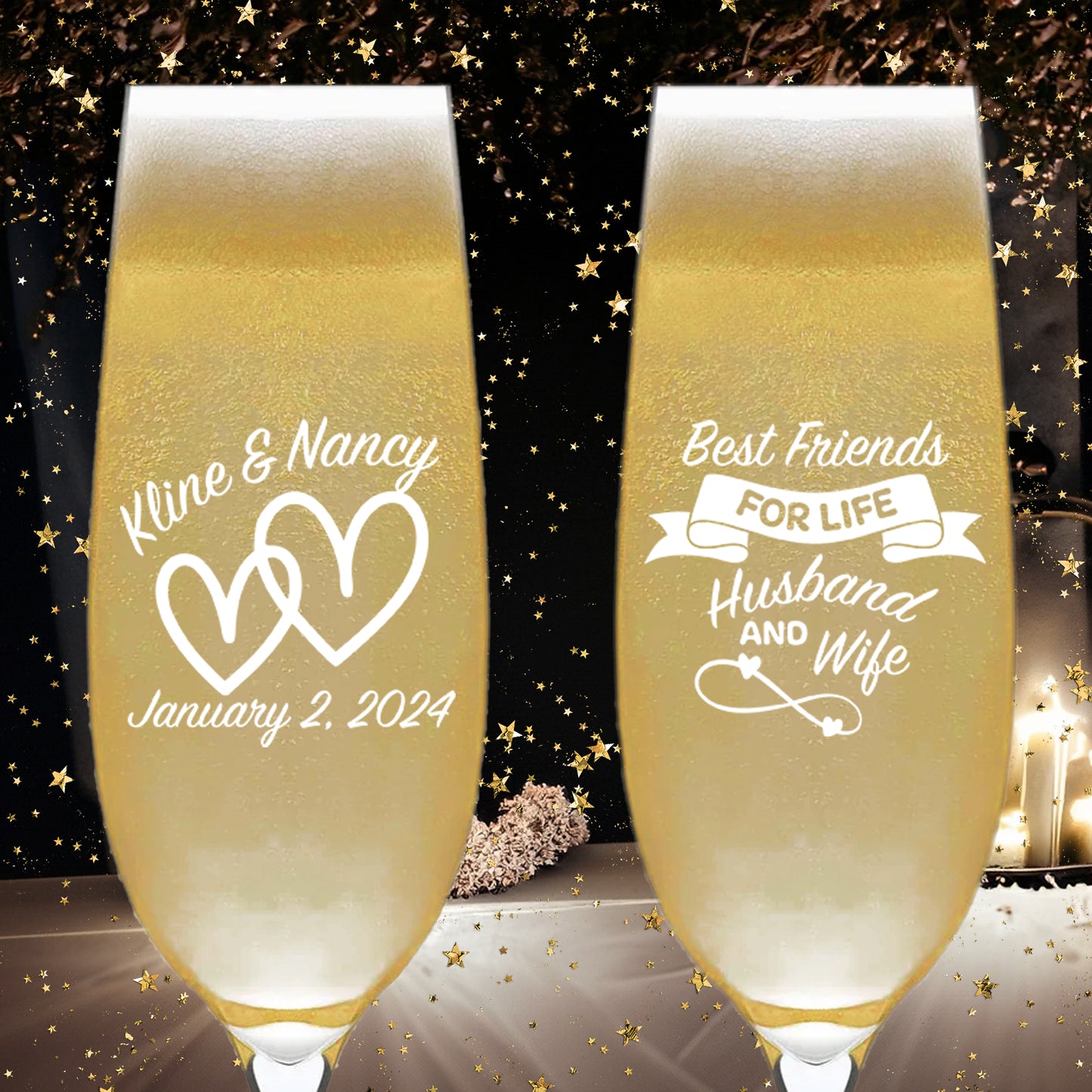 Customized Wedding Champagne Glasses, Set of 6, Customized Wedding Glassware Mementos, Custom Couple's Names Wedding Party Gifts, Best Friends For Life Husband And Wife