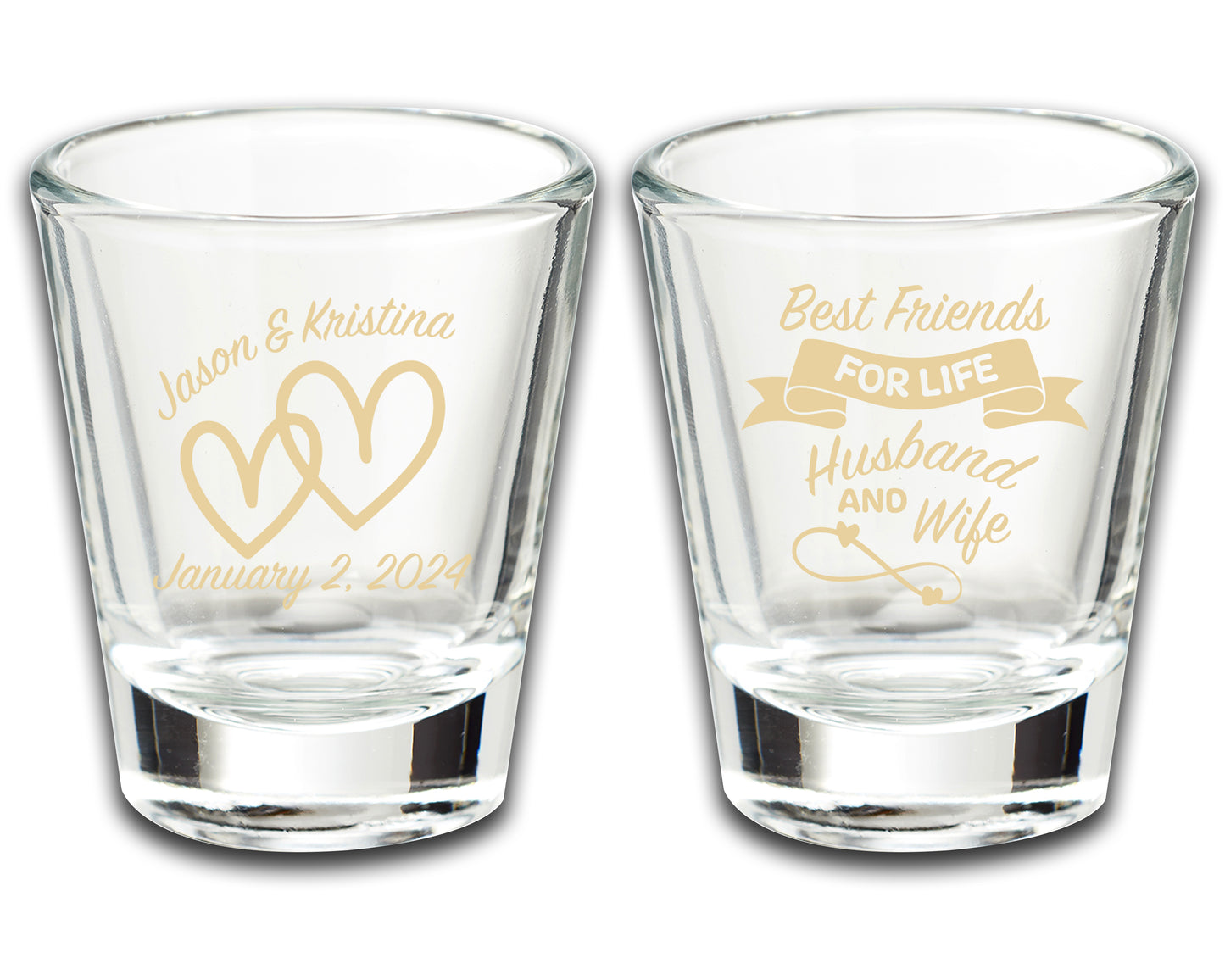 Custom Wedding Shot Glass Souvenirs, Personalized Couple's Names Wedding Party Accessories, Best Friends For Life Husband and Wife