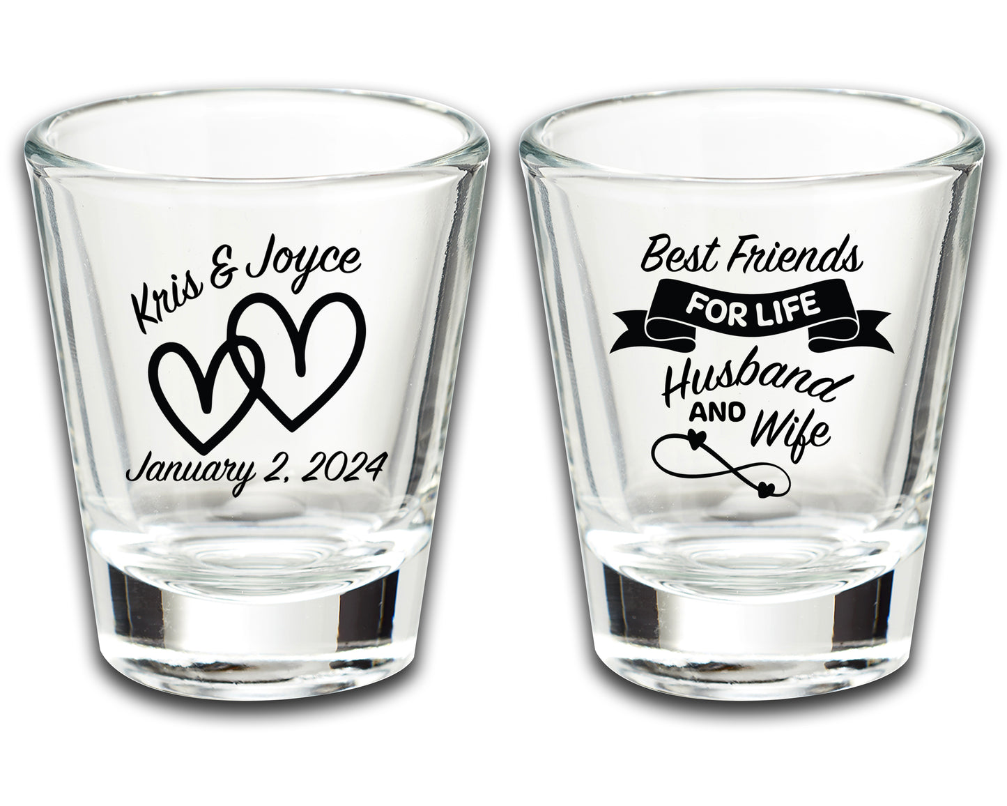 Custom Wedding Shot Glass Souvenirs, Personalized Couple's Names Wedding Party Accessories, Best Friends For Life Husband and Wife