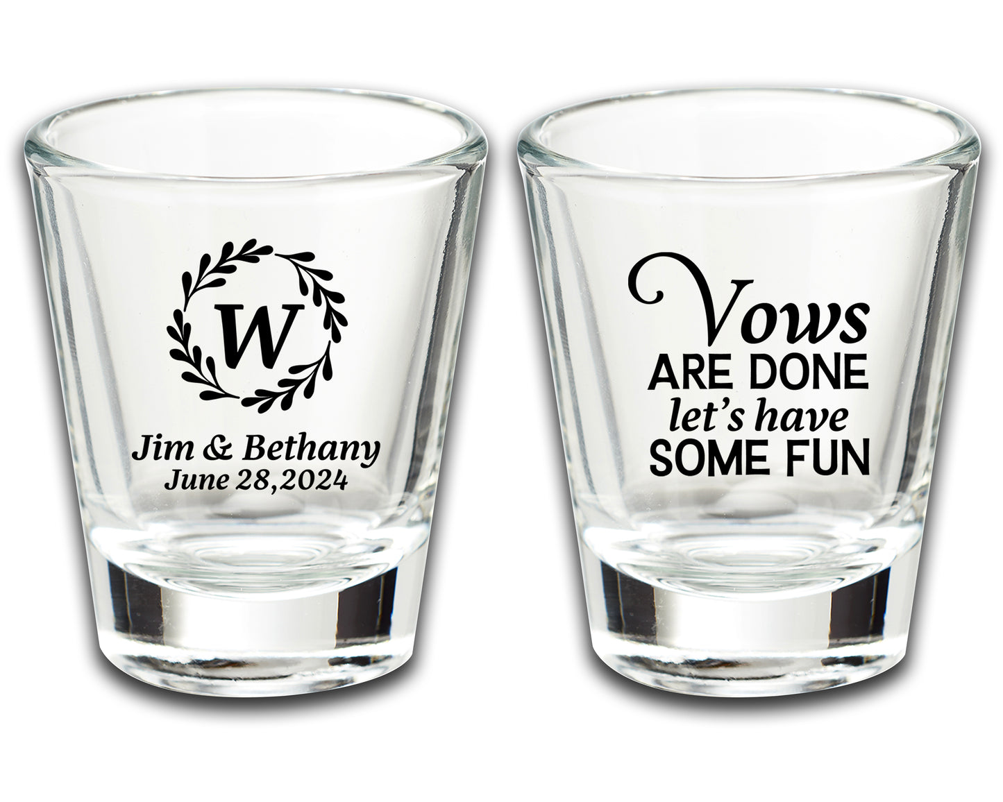 Custom Bride and Groom Glassware Favors, Wedding Giveaway Shot Glass Sets, Vows Are Done Let's Have Some Fun, Affordable Wedding Favors