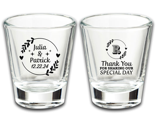 Personalized Wedding Party Shot Glass Favors, Custom Wedding Glassware with Monogram, Thank You for Sharing Our Special Day