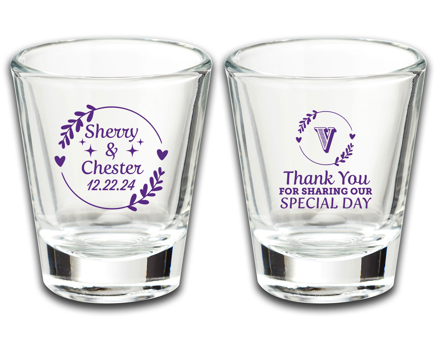 Personalized Wedding Party Shot Glass Favors, Custom Wedding Glassware with Monogram, Thank You for Sharing Our Special Day