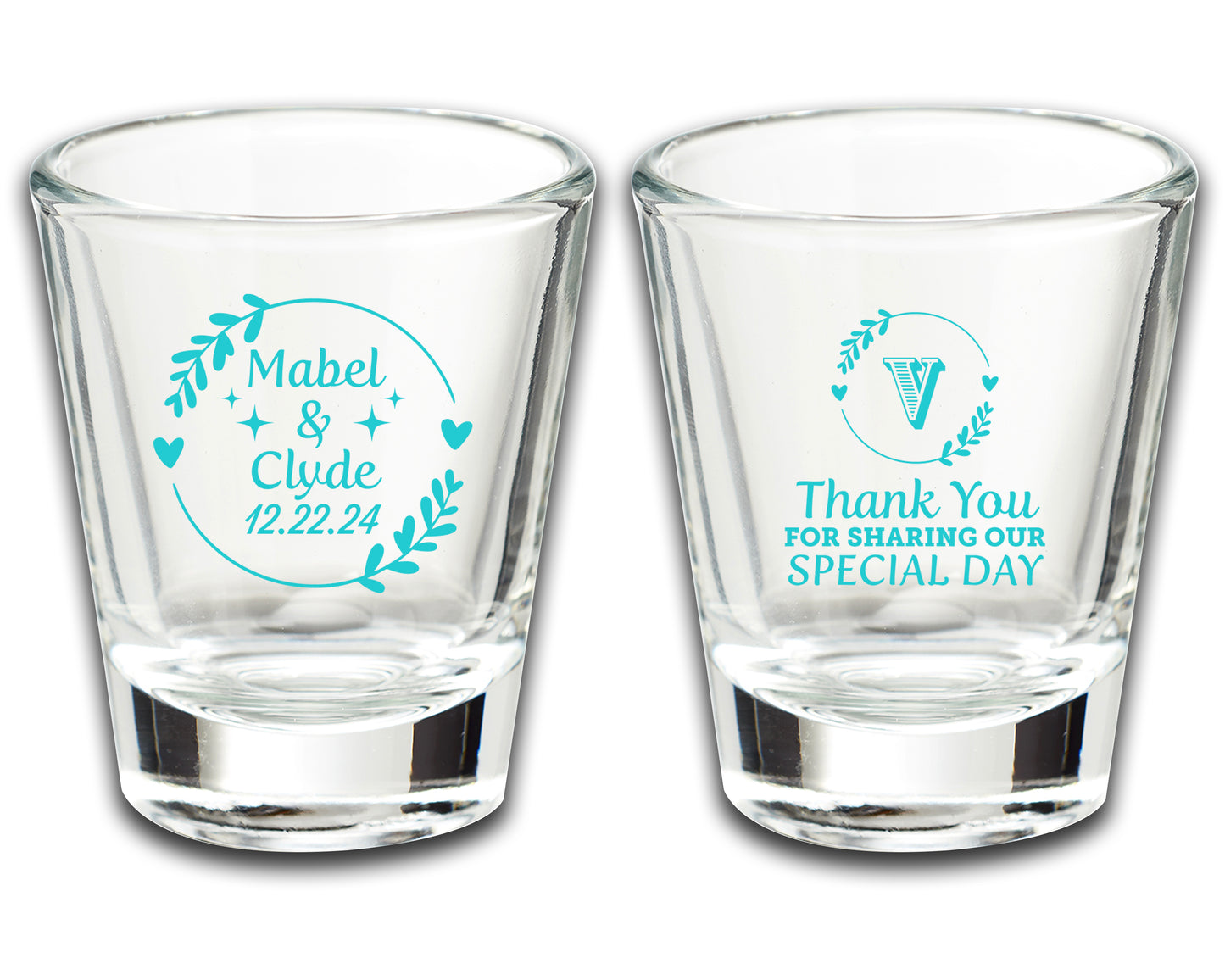 Personalized Wedding Party Shot Glass Favors, Custom Wedding Glassware with Monogram, Thank You for Sharing Our Special Day