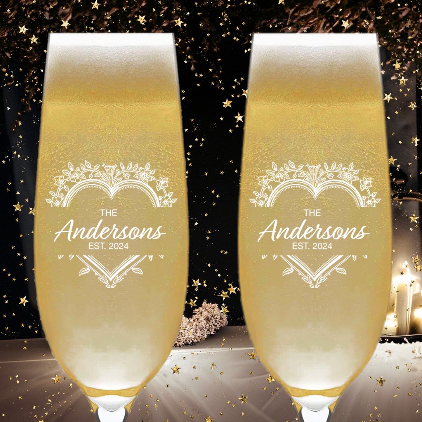 Custom Wedding Toasting Flutes, Set of 6, Personalized Wedding Glassware Souvenirs, Custom Wedding Favors with Family Name