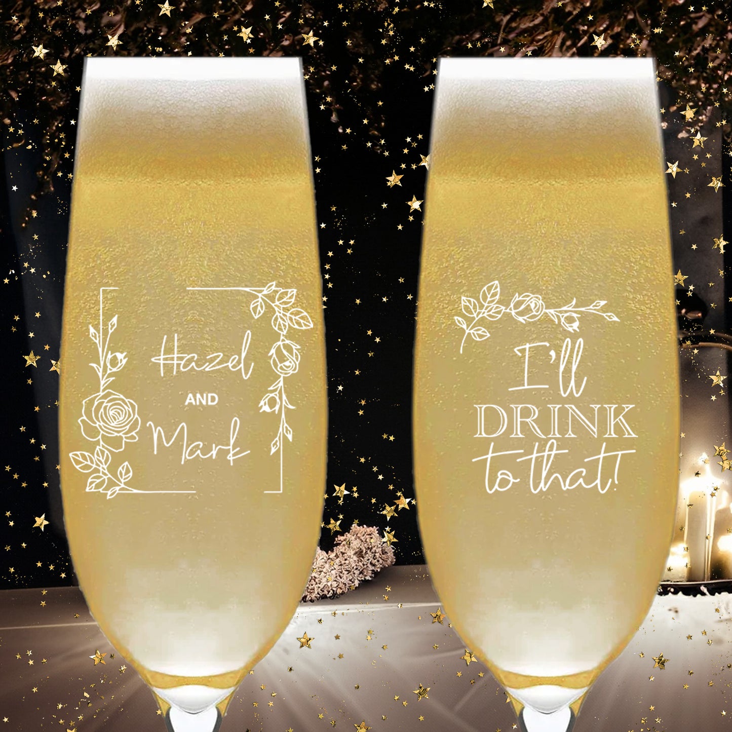 Customized Wedding Champagne Glasses, Set of 6, Customized Wedding Glassware Mementos, Custom Couple's Names Wedding party Gifts, I'll Drink To That!