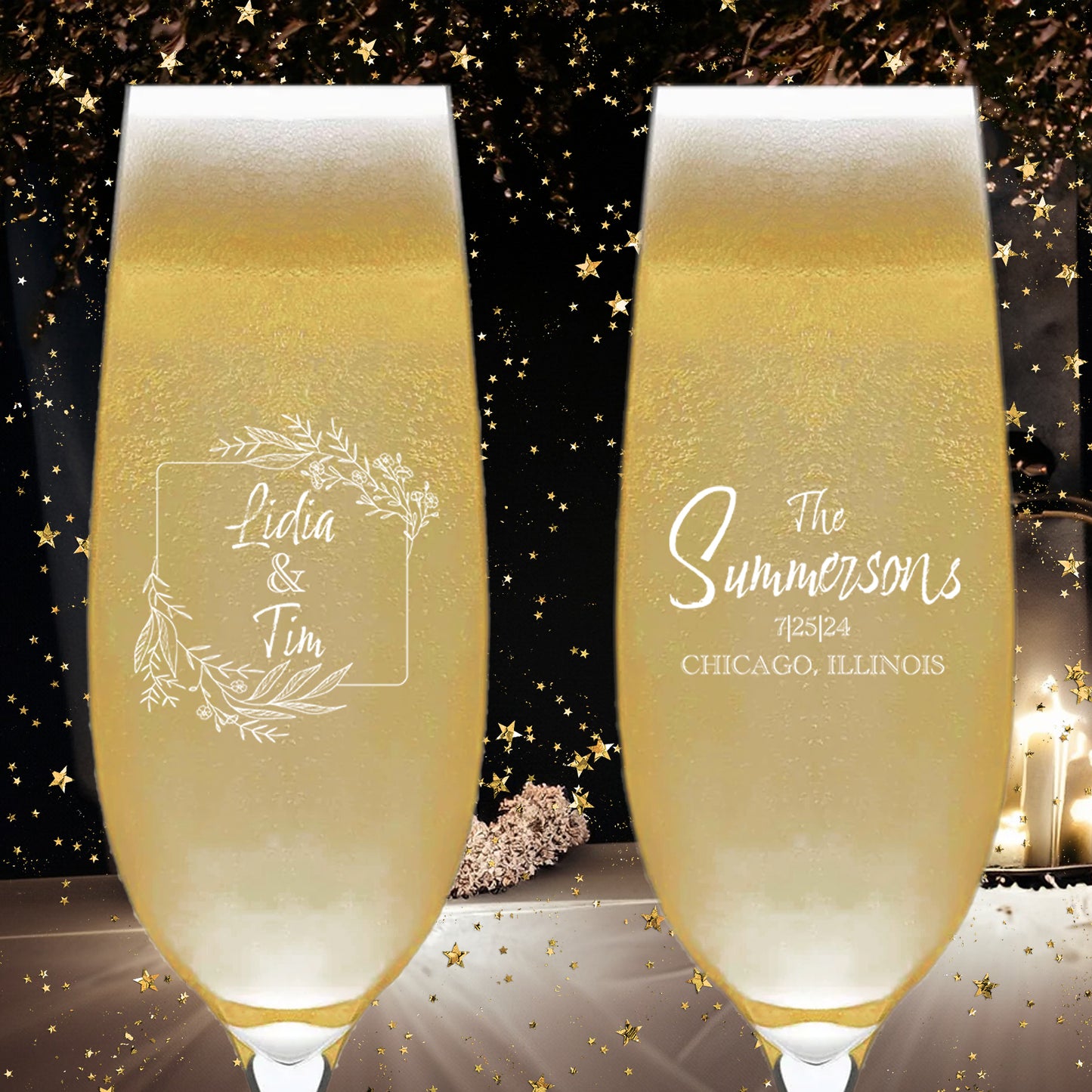 Custom Wedding Toasting Flutes, Set of 6, Personalized Wedding Glassware Souvenirs, Custom Wedding Favors with Family Name