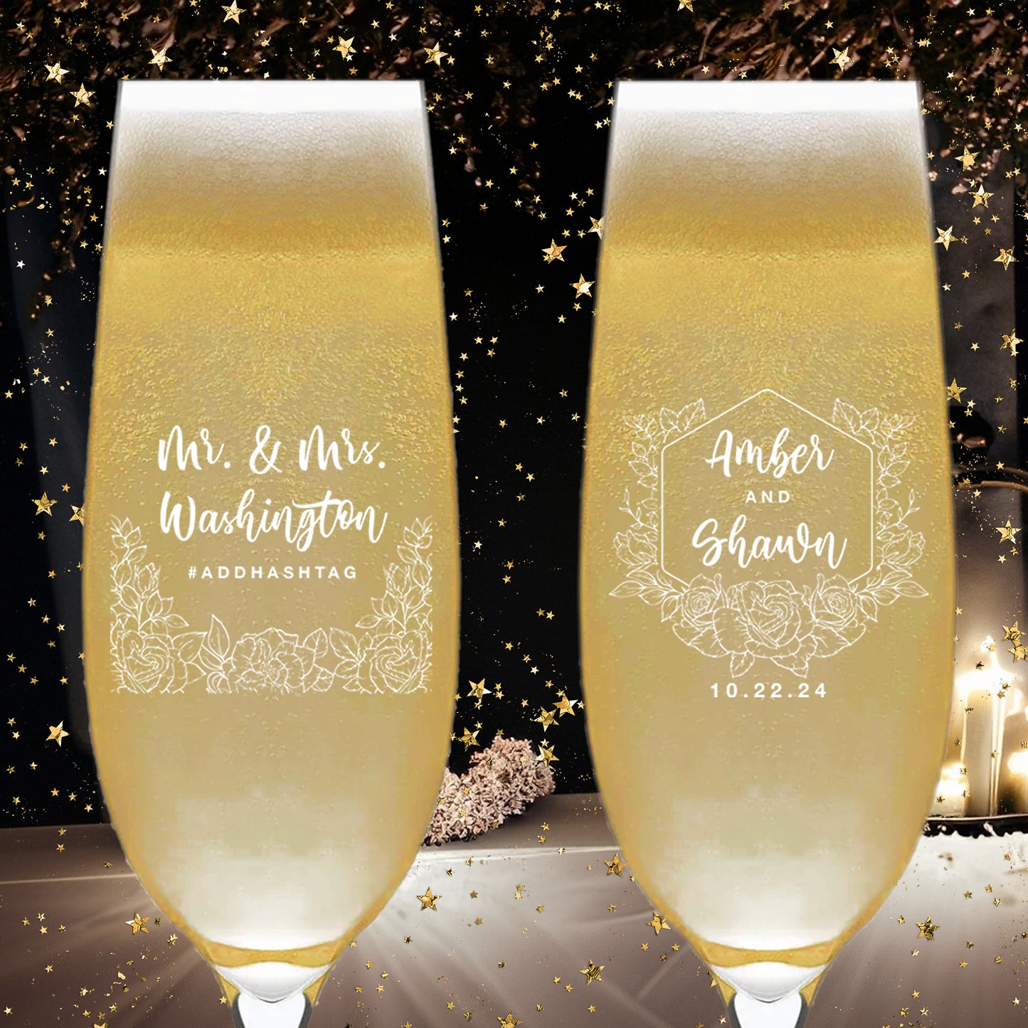 Personalized Bride and Groom Champagne Flutes, Set of 6, Custom Wedding Glassware Gifts, Custom Couple's Names Wedding Keepsakes,  Mr. and Mrs. Favors, Add Your Own Hashtag