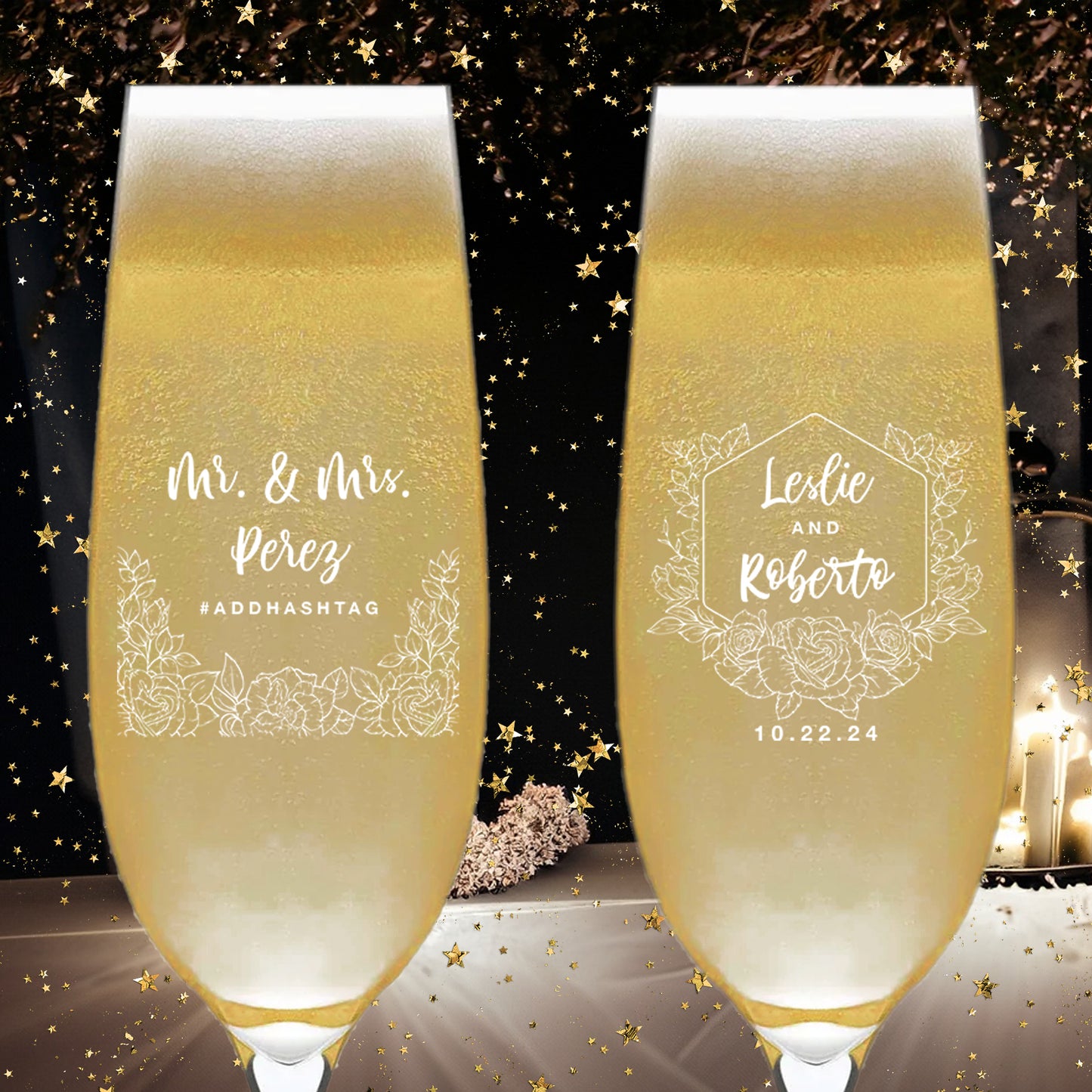 Personalized Bride and Groom Champagne Flutes, Set of 6, Custom Wedding Glassware Gifts, Custom Couple's Names Wedding Keepsakes,  Mr. and Mrs. Favors, Add Your Own Hashtag