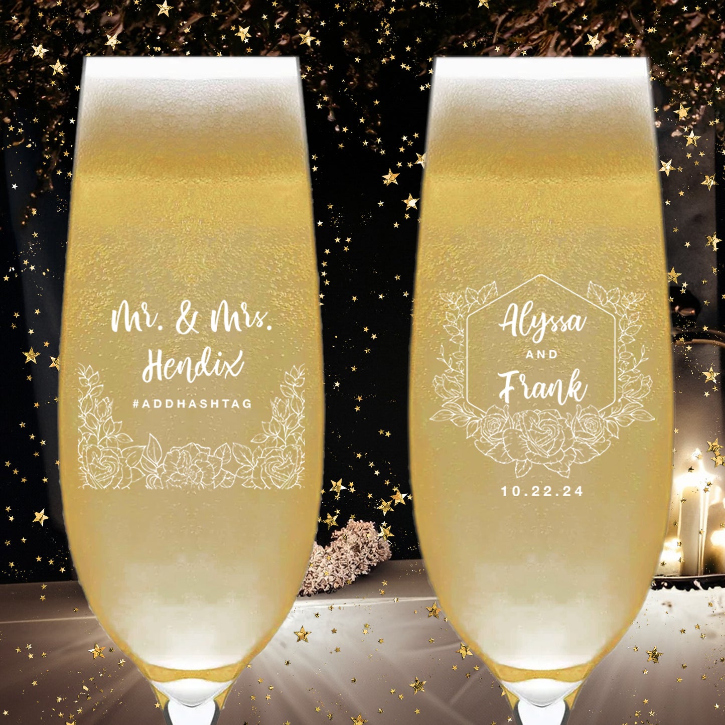 Personalized Bride and Groom Champagne Flutes, Set of 6, Custom Wedding Glassware Gifts, Custom Couple's Names Wedding Keepsakes,  Mr. and Mrs. Favors, Add Your Own Hashtag