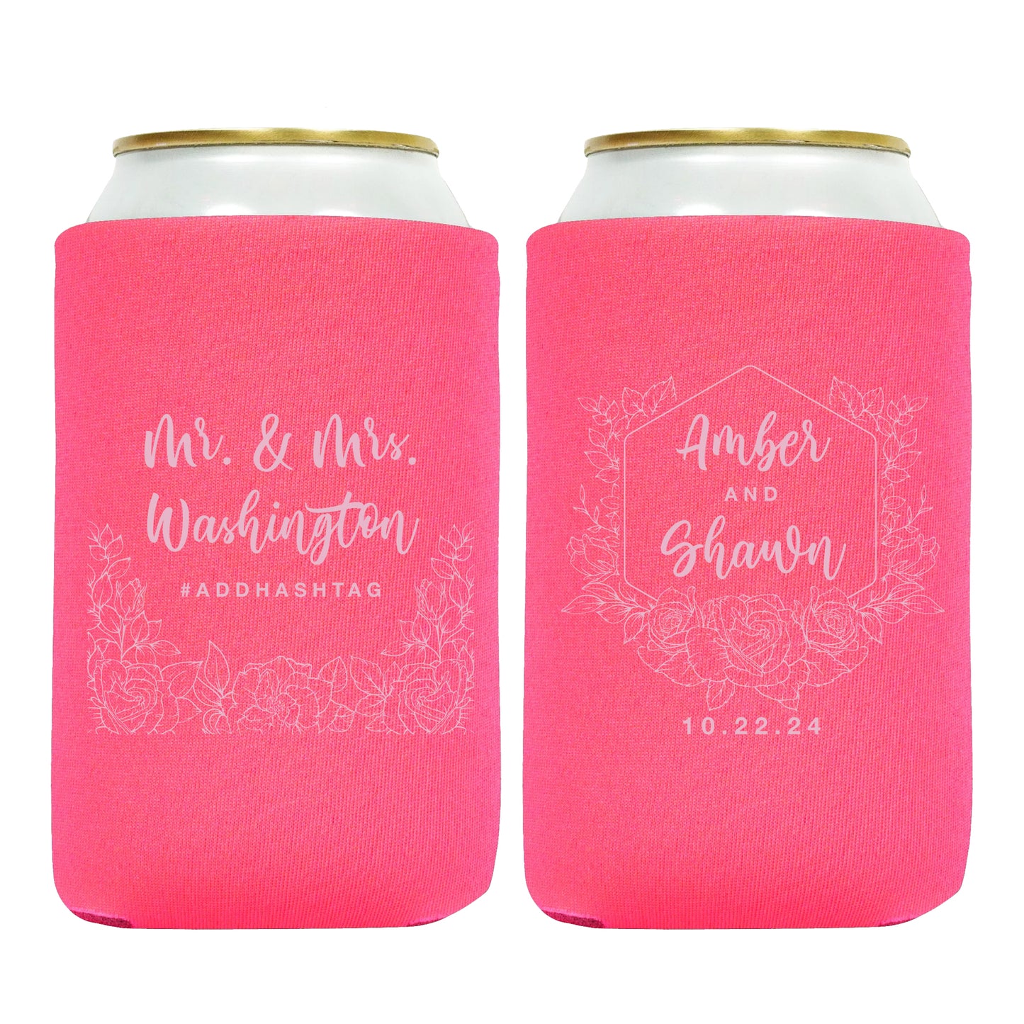 Personalized Can Coolers, Personalized Wedding Favors with Couple's Names, Custom Hashtag, Mr. & Mrs