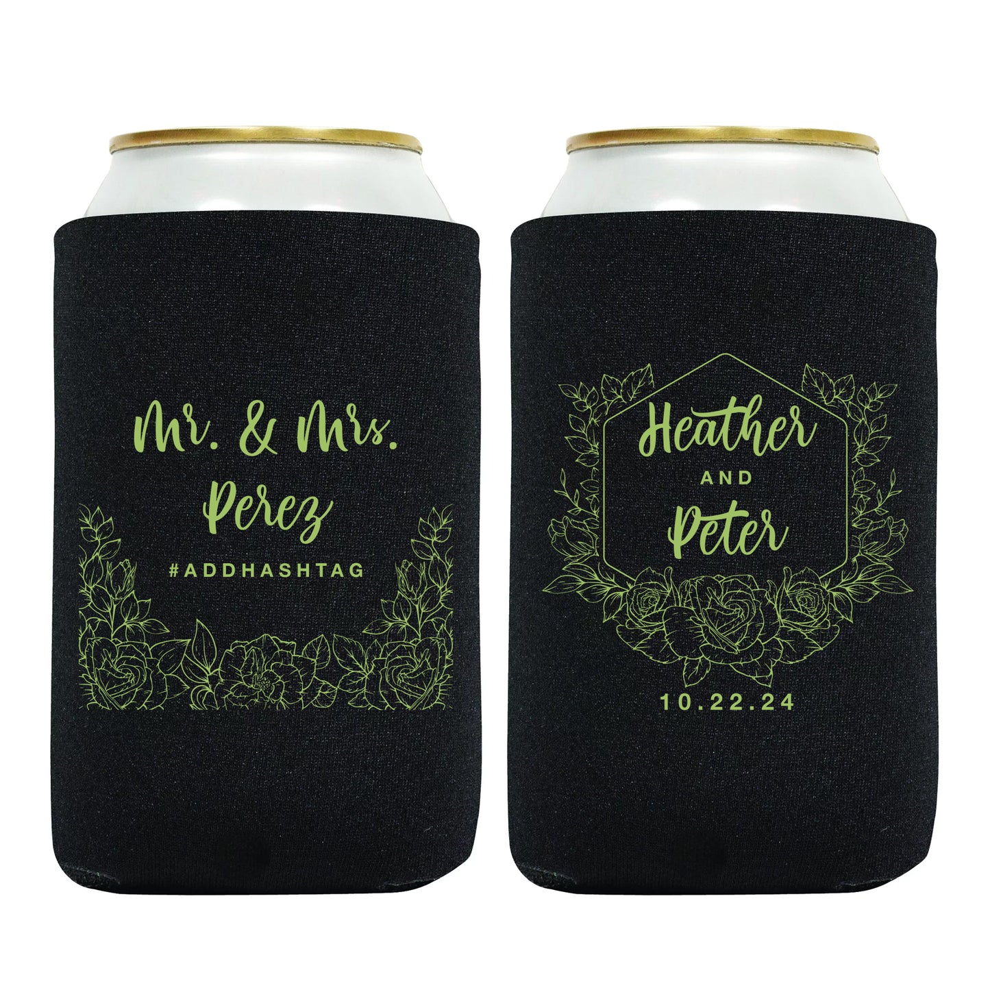 Personalized Can Coolers, Personalized Wedding Favors with Couple's Names, Custom Hashtag, Mr. & Mrs