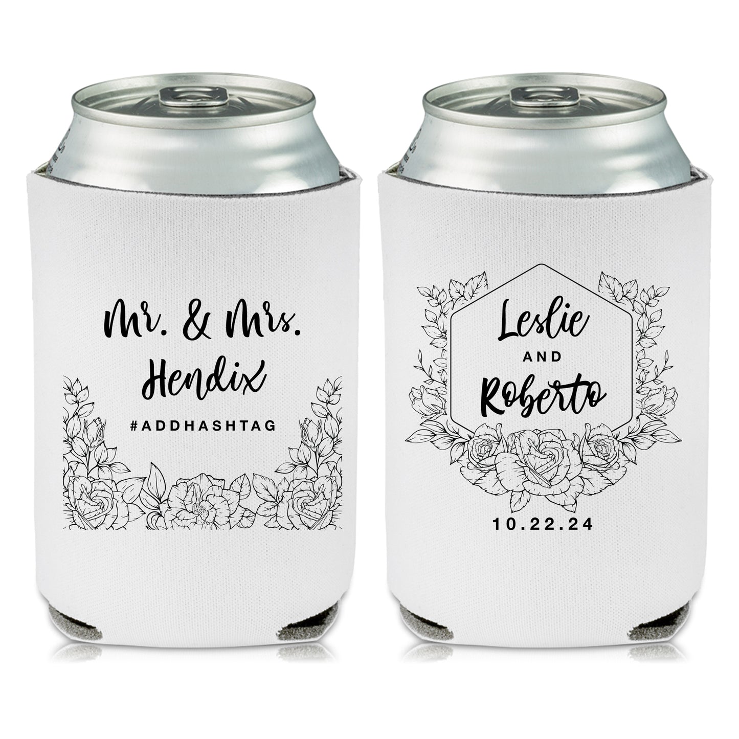 Personalized Can Coolers, Personalized Wedding Favors with Couple's Names, Custom Hashtag, Mr. & Mrs