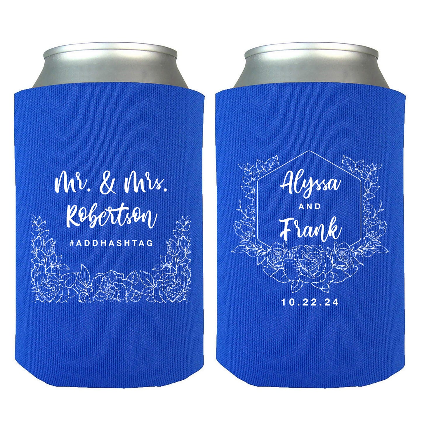 Personalized Can Coolers, Personalized Wedding Favors with Couple's Names, Custom Hashtag, Mr. & Mrs