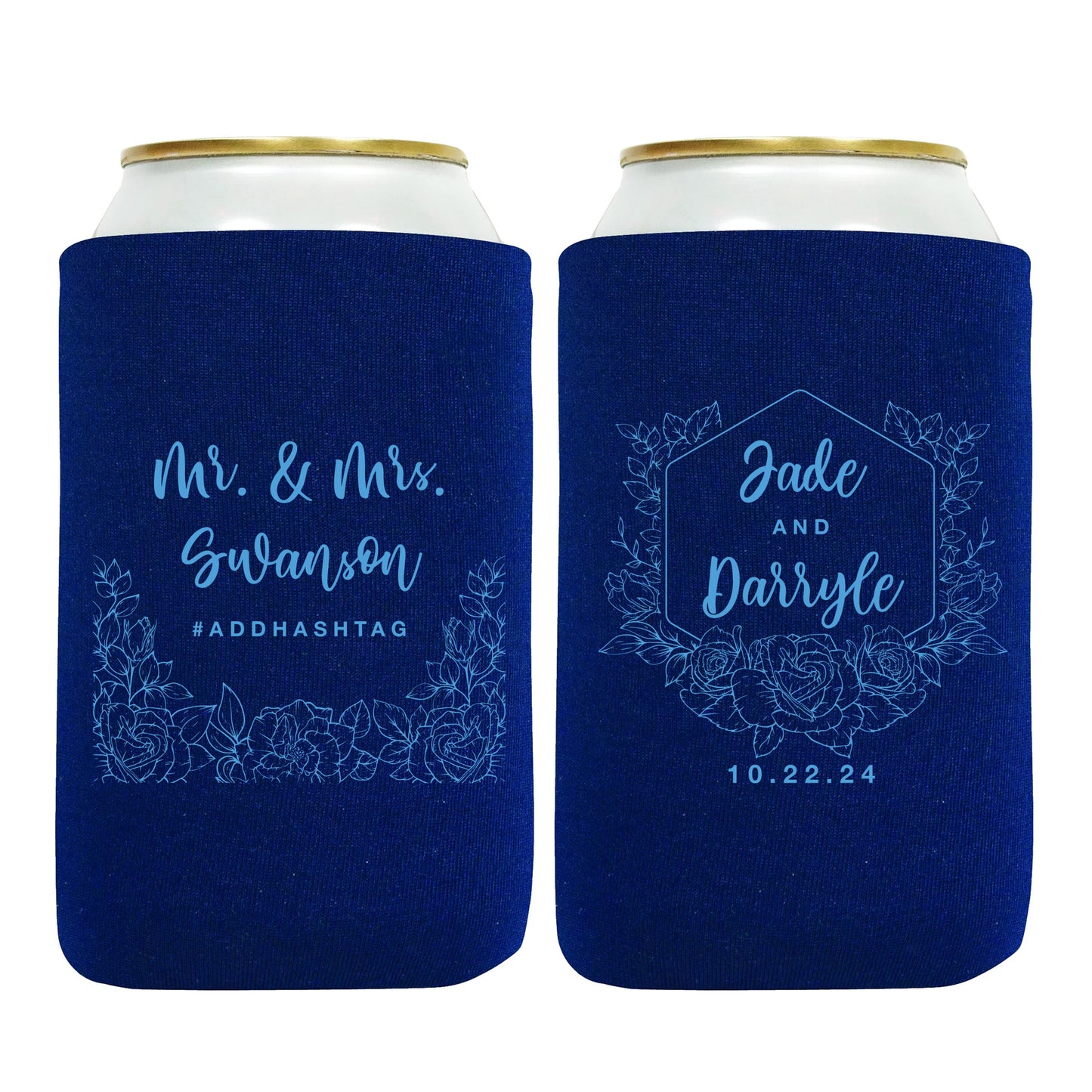 Personalized Can Coolers, Personalized Wedding Favors with Couple's Names, Custom Hashtag, Mr. & Mrs