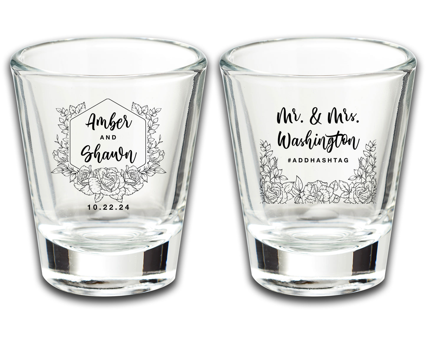 Customized Bride and Groom Shot Glasses, Add A Hashtag, Personalized Wedding Keepsakes with Last Name