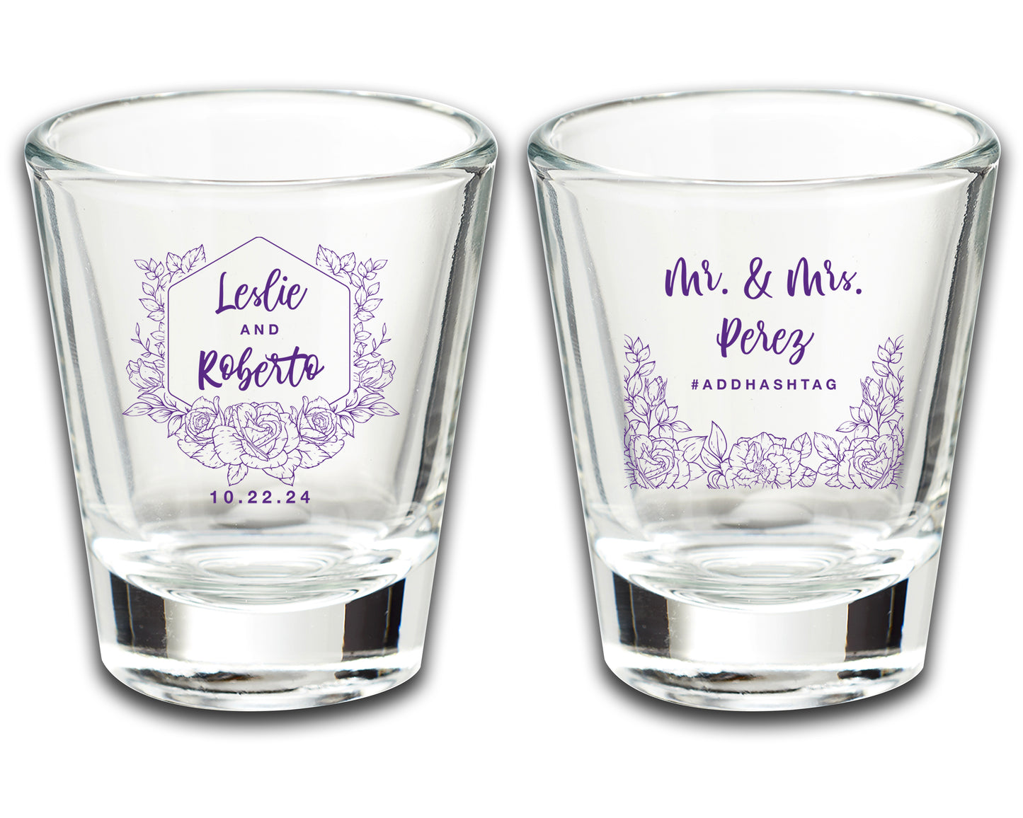 Customized Bride and Groom Shot Glasses, Add A Hashtag, Personalized Wedding Keepsakes with Last Name