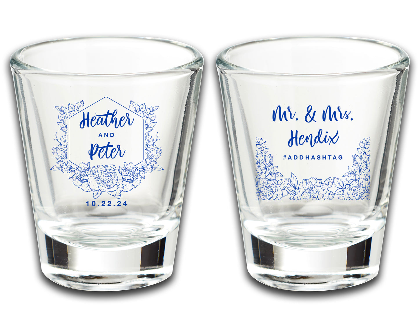 Customized Bride and Groom Shot Glasses, Add A Hashtag, Personalized Wedding Keepsakes with Last Name