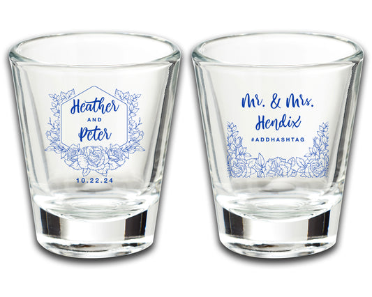 Customized Bride and Groom Shot Glasses, Add A Hashtag, Personalized Wedding Keepsakes with Last Name