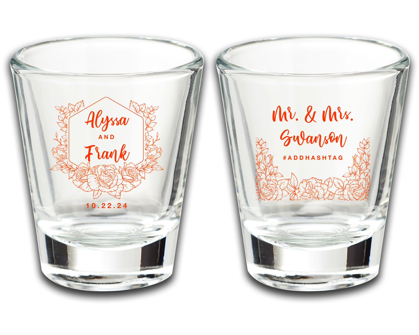 Customized Bride and Groom Shot Glasses, Add A Hashtag, Personalized Wedding Keepsakes with Last Name