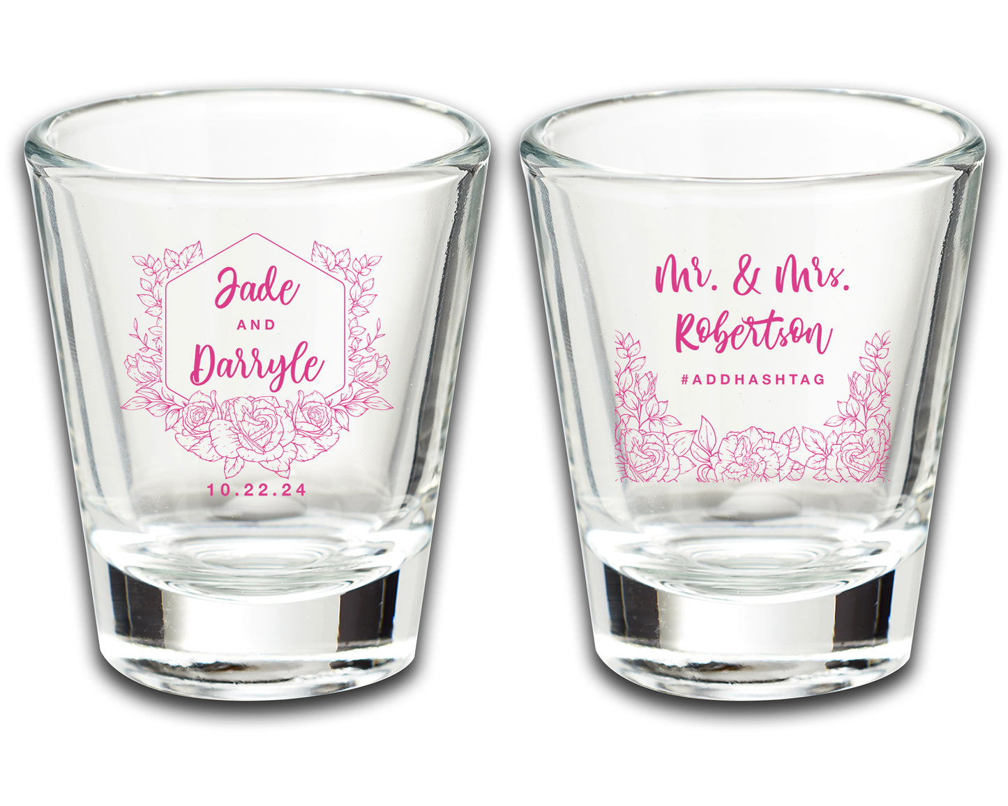 Customized Bride and Groom Shot Glasses, Add A Hashtag, Personalized Wedding Keepsakes with Last Name