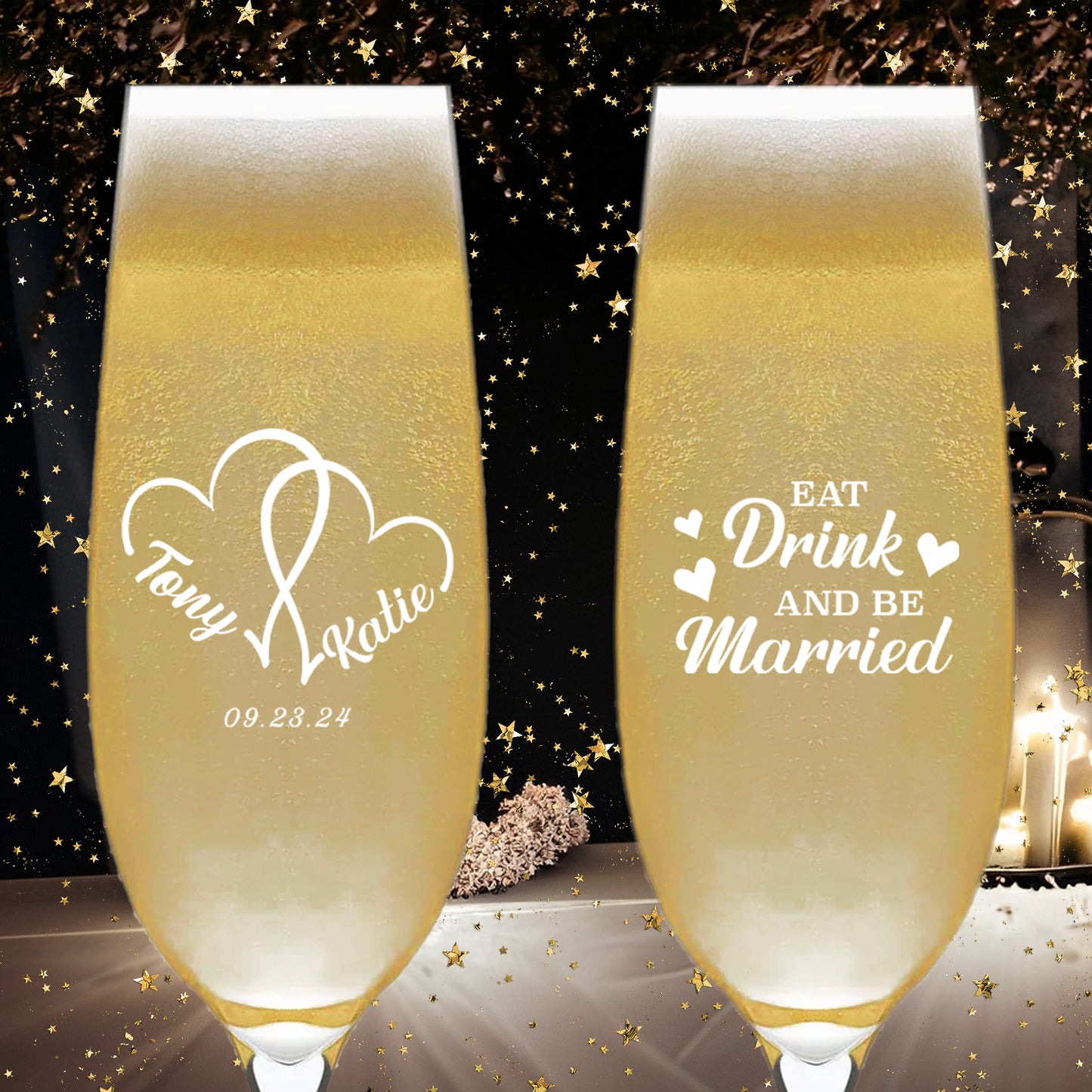 Customized Wedding Champagne Glasses, Set of 6, Customized Wedding Glassware Mementos, Custom Couple's Names Wedding party Gifts, Eat Drink And Be Married