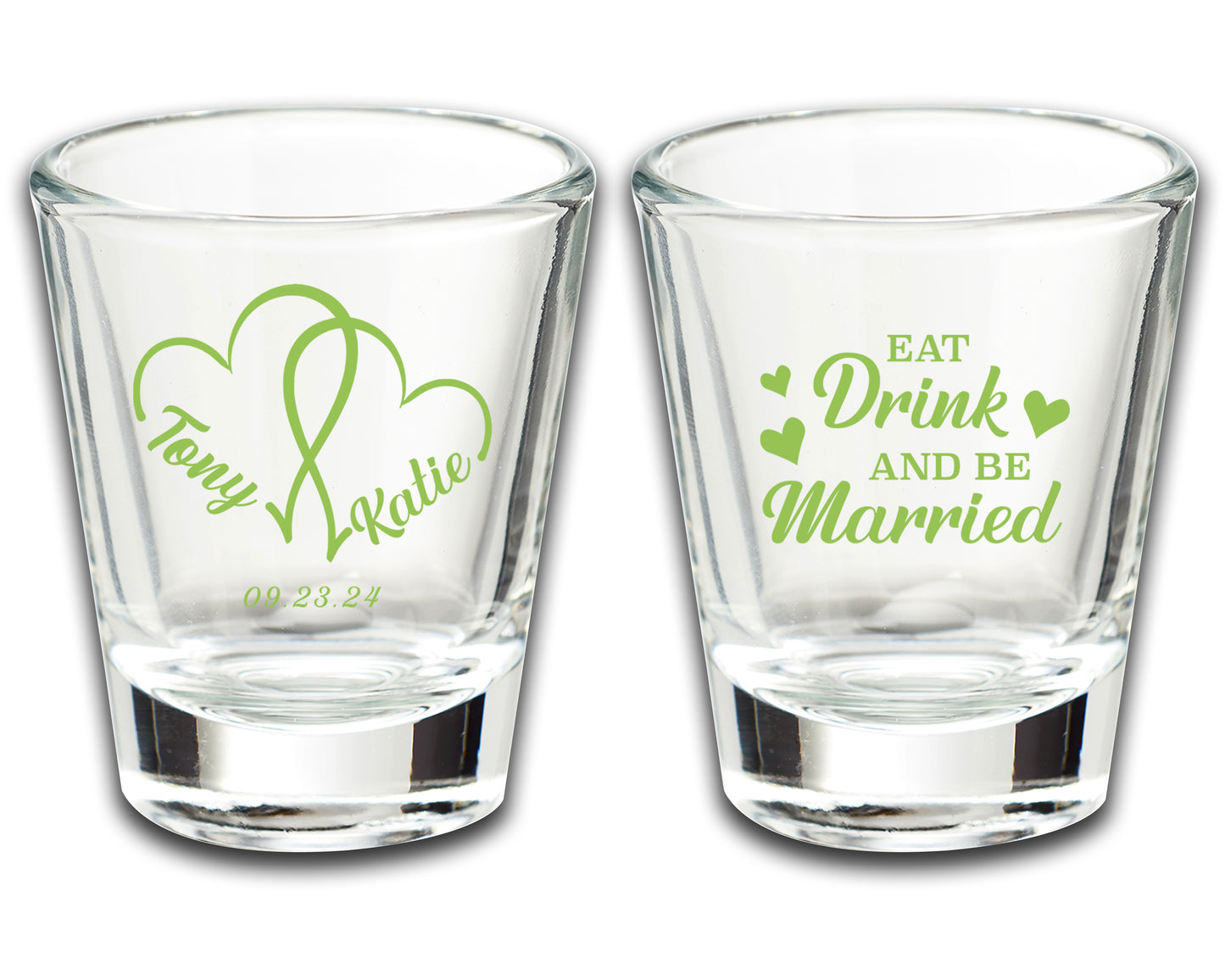 Wedding Party Favor Shot Glasses, Eat Drink And Be Married, Custom Wedding Favors Featuring Couple's Names