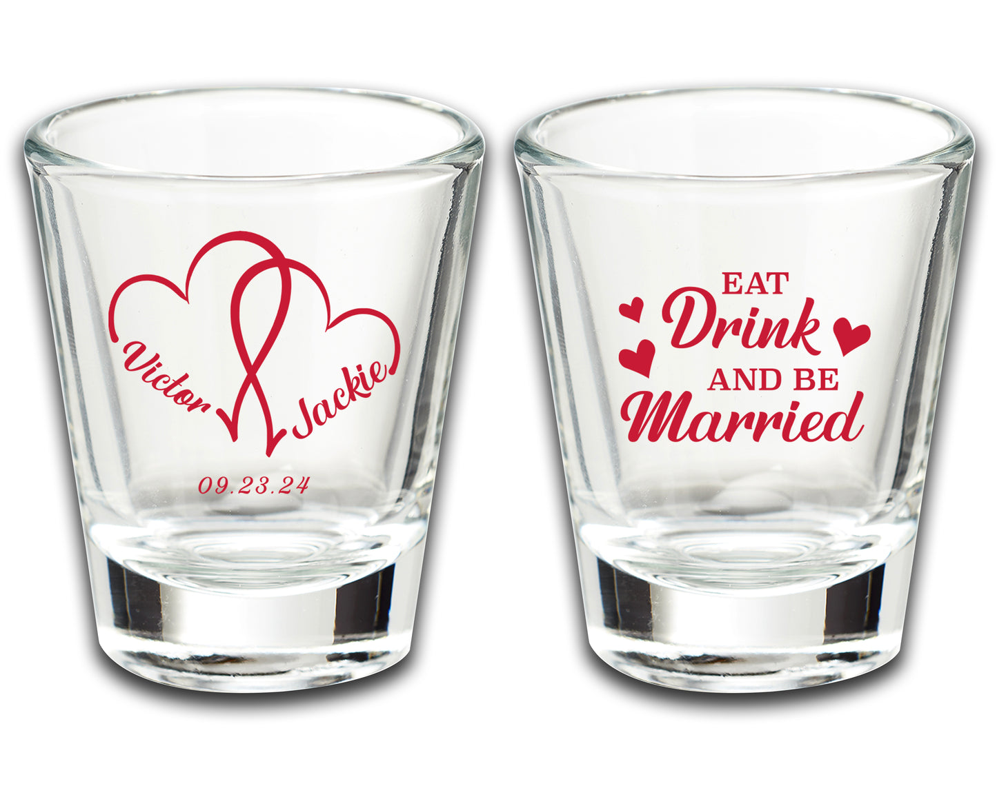 Wedding Party Favor Shot Glasses, Eat Drink And Be Married, Custom Wedding Favors Featuring Couple's Names