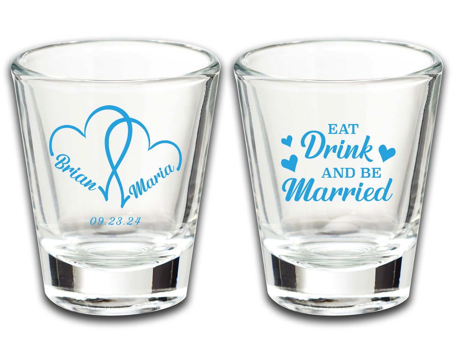 Wedding Party Favor Shot Glasses, Eat Drink And Be Married, Custom Wedding Favors Featuring Couple's Names