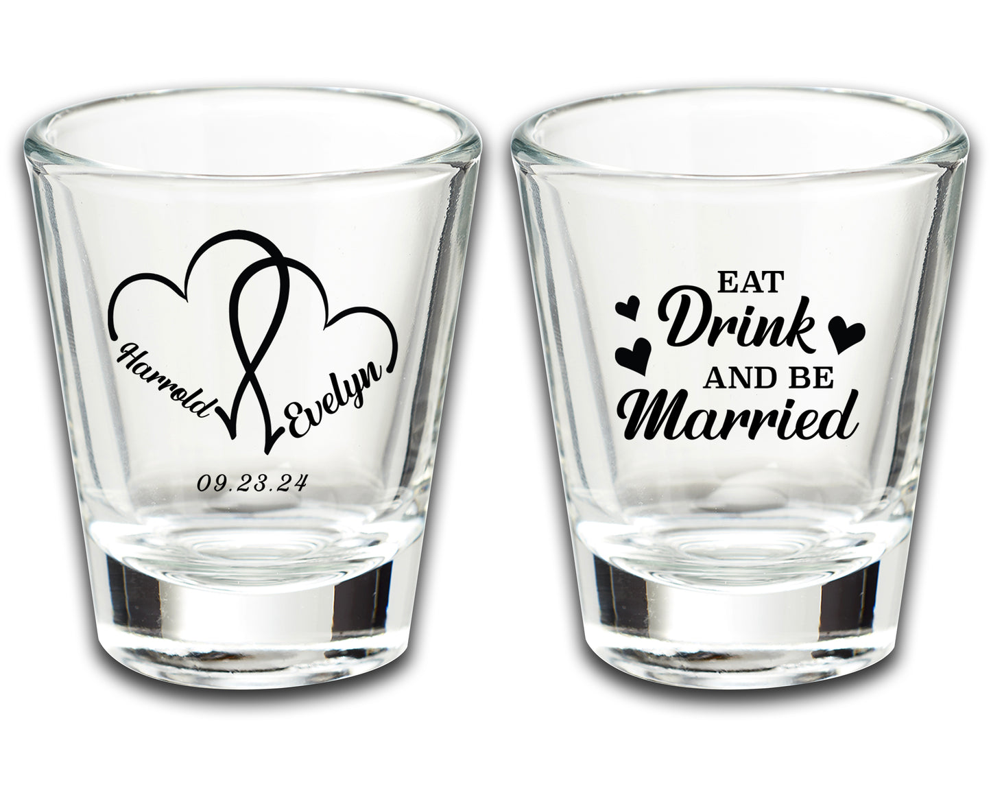 Wedding Party Favor Shot Glasses, Eat Drink And Be Married, Custom Wedding Favors Featuring Couple's Names