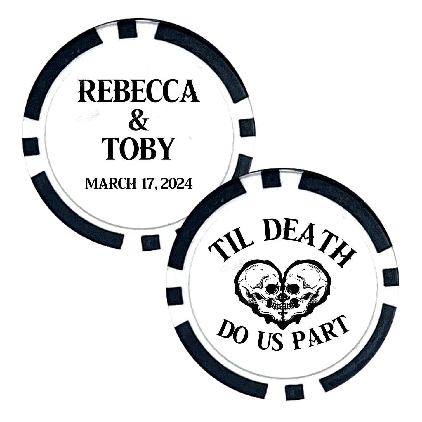 Wedding Favor Poker Chip Designs, 25 pcs, Skeleton Themed Wedding, Til Death Do Us Part, Personalized Couple's Names Wedding Giveaways, Wedding Favors with Custom Wording