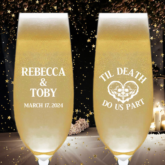 Personalized Wedding Champagne Flutes, Skeleton Design, Set of 6, Wedding Favor Drinking Glasses, Last Name Wedding Souvenirs, Til Death Do Us Part