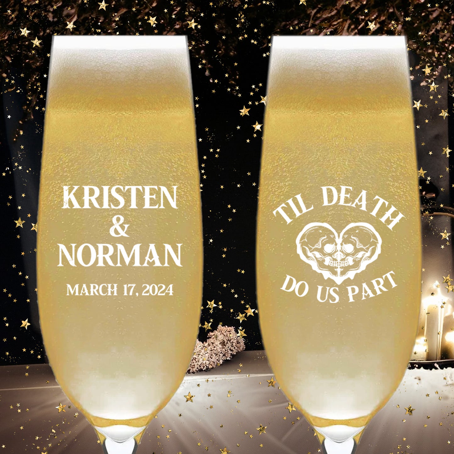 Personalized Wedding Champagne Flutes, Skeleton Design, Set of 6, Wedding Favor Drinking Glasses, Last Name Wedding Souvenirs, Til Death Do Us Part