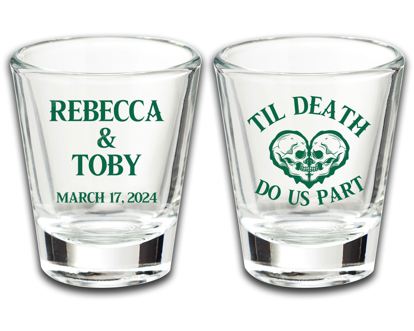 Personalized Shot Glasses For Wedding Favors, Til Death Do Us Part, Skeleton Skull Themed Wedding, Custom Wedding Favors Featuring Couple's Names