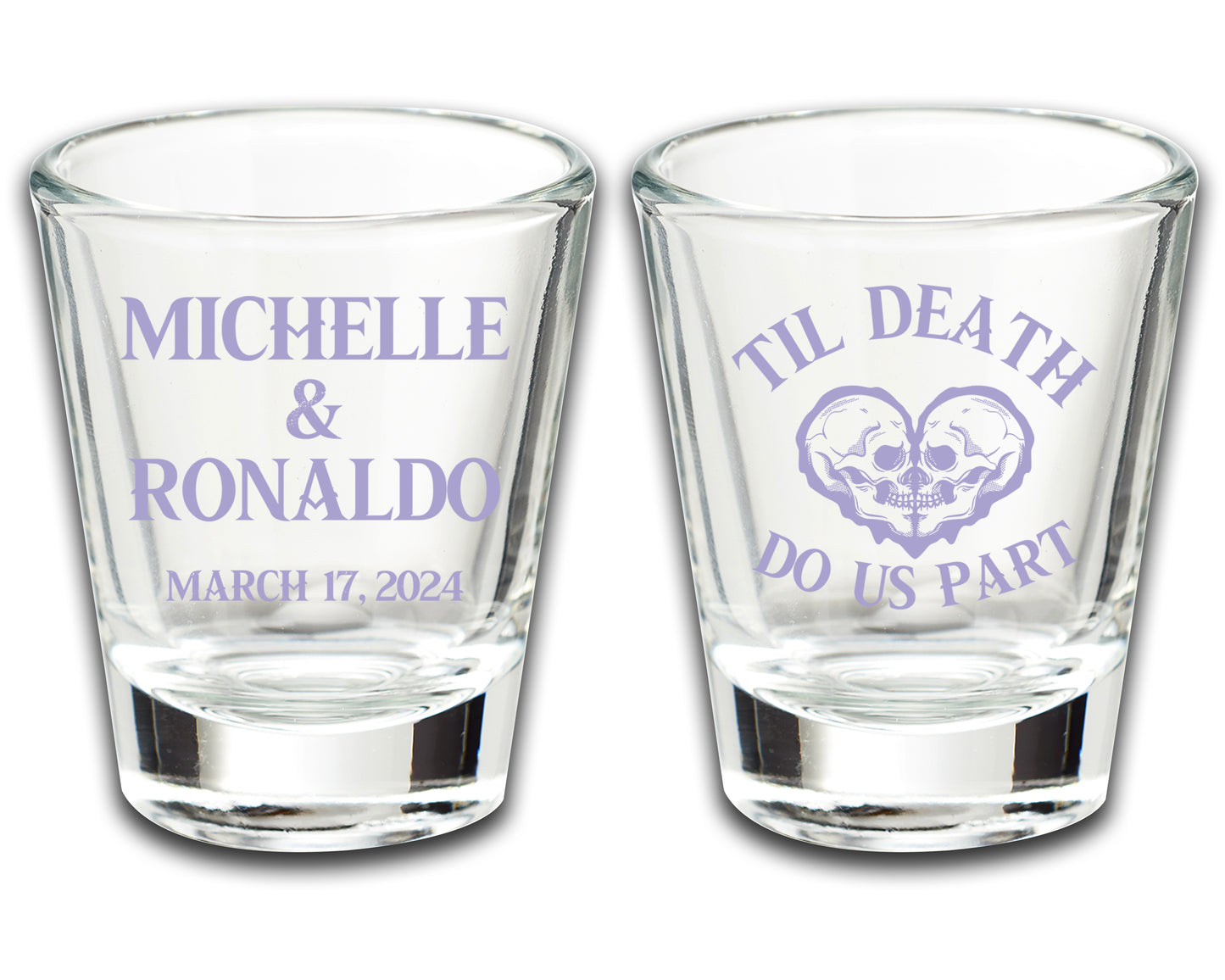 Personalized Shot Glasses For Wedding Favors, Til Death Do Us Part, Skeleton Skull Themed Wedding, Custom Wedding Favors Featuring Couple's Names