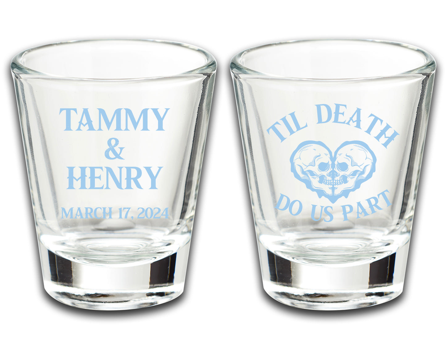 Personalized Shot Glasses For Wedding Favors, Til Death Do Us Part, Skeleton Skull Themed Wedding, Custom Wedding Favors Featuring Couple's Names