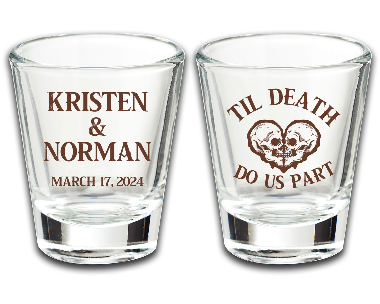 Personalized Shot Glasses For Wedding Favors, Til Death Do Us Part, Skeleton Skull Themed Wedding, Custom Wedding Favors Featuring Couple's Names