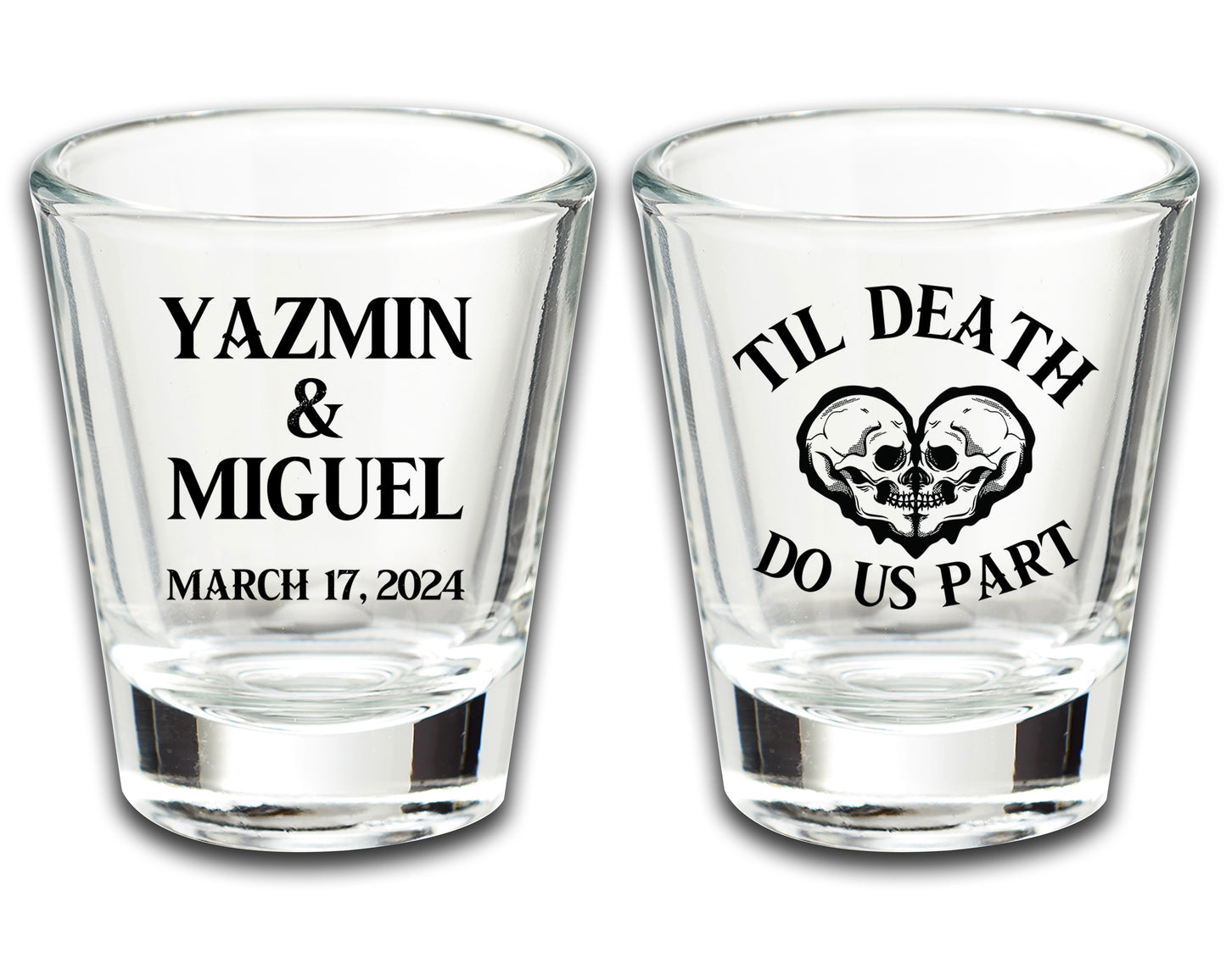 Personalized Shot Glasses For Wedding Favors, Til Death Do Us Part, Skeleton Skull Themed Wedding, Custom Wedding Favors Featuring Couple's Names