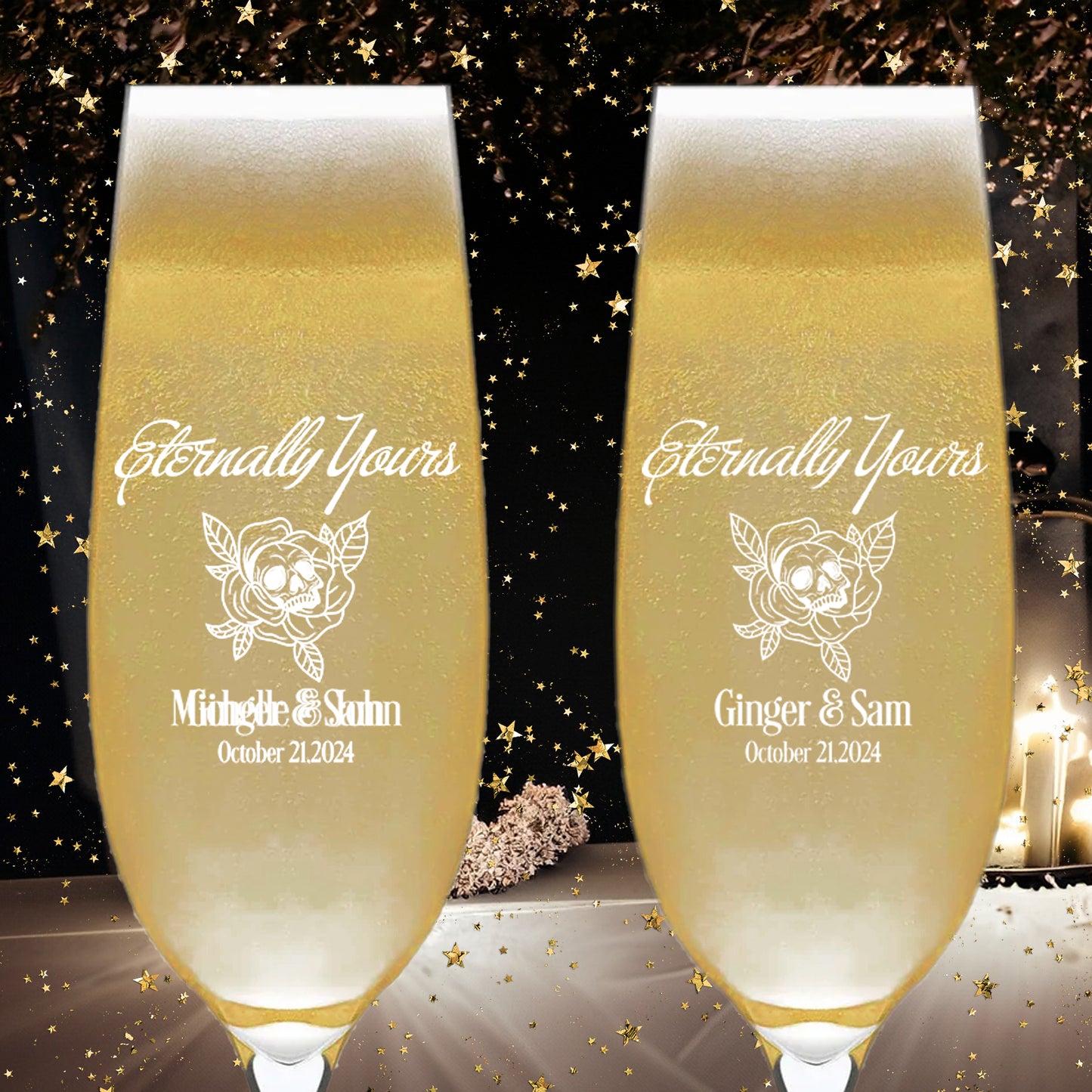 Personalized Wedding Champagne Flutes, Set of 6, Skeleton Design,Wedding Favor Drinking Glasses, Last Name Wedding Souvenirs