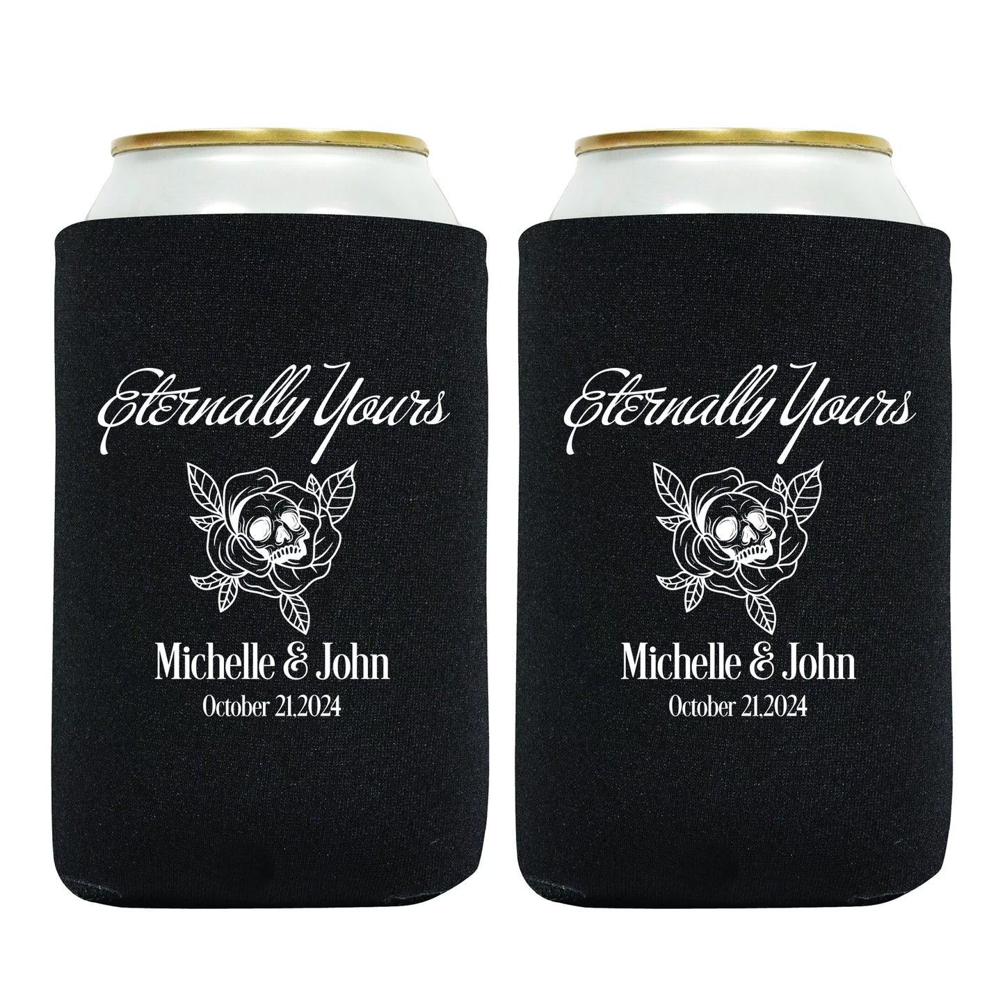 Custom Koozies, Skull Themed Wedding Gift, Personalized Couple's Name Wedding Favors, Goth Aesthetic