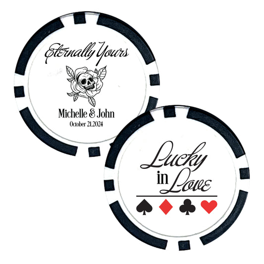 Wedding Favor Poker Chip Designs, 25 pcs, Eternally Yours, Skeleton Themed Wedding, Personalized Couple's Name Souvenirs, Goth Inspired Wedding Decor, Lucky In Love