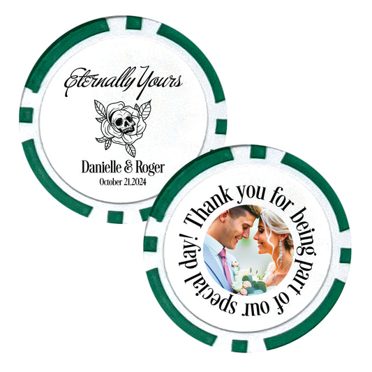 Wedding Favor Poker Chip Designs, 25 pcs, Eternally Yours, Skeleton Themed Wedding,Personalized Couple's Name Souvenirs, Goth Inspired Wedding Decor, Personalized Wedding Photo Giveaways