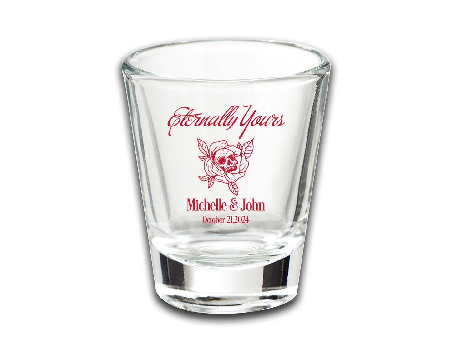 Custom Wedding Favor Shot Glasses, Eternally Yours, Skull Skeleton Themed Wedding, Customized Couple's Names Wedding Favors