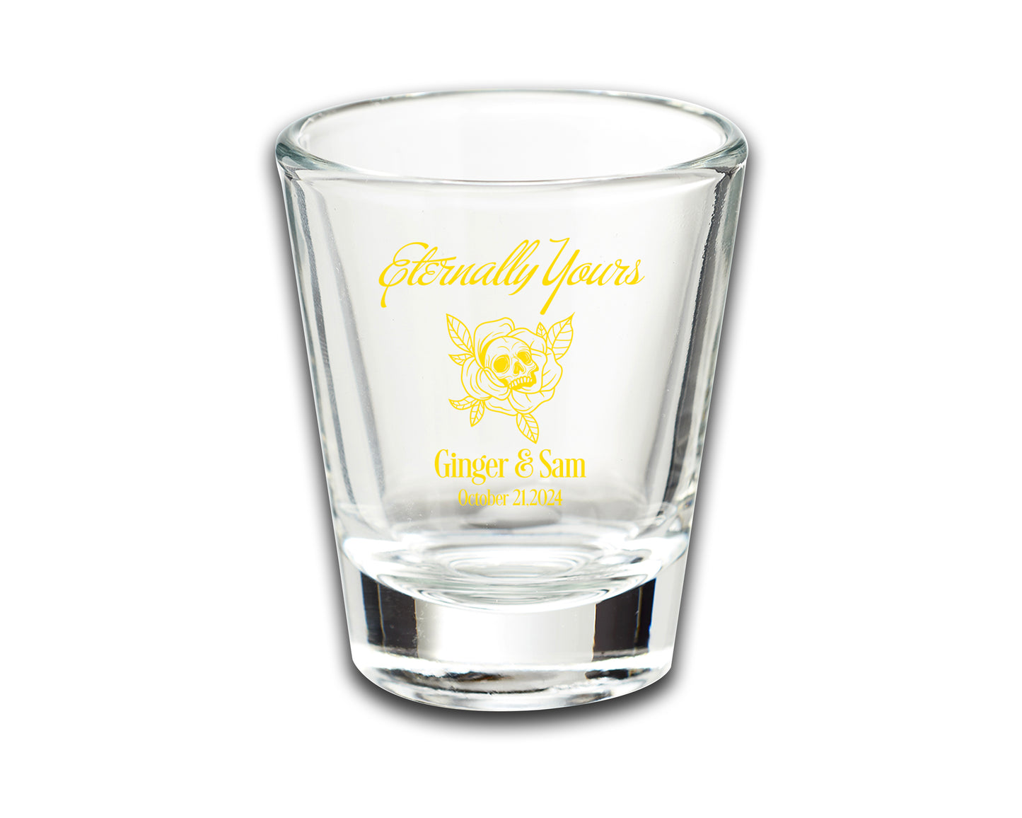 Custom Wedding Favor Shot Glasses, Eternally Yours, Skull Skeleton Themed Wedding, Customized Couple's Names Wedding Favors